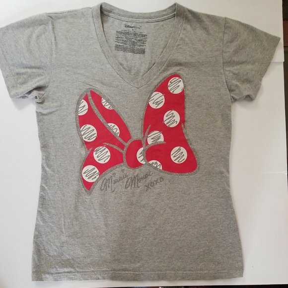Disney Store Minnie Mouse XOXO Red Bow Sparkle V-Neck Women's Gray T-Shirt  M - Picture 5 of 5